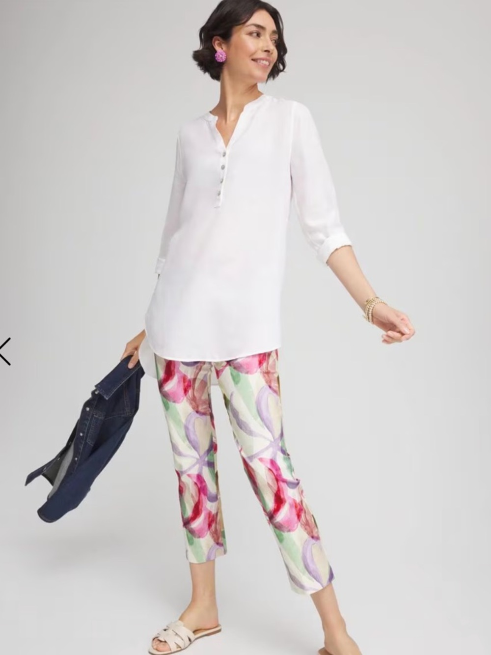 Chicos Brasilia Bloom Crop Watercolor Print Pants - Cream Multicolor M NWT